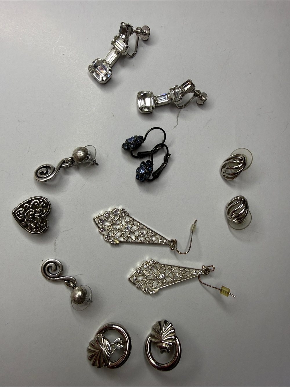 Mixed Silver Tone Earrings Set - Rhinestone & Filigree Styles